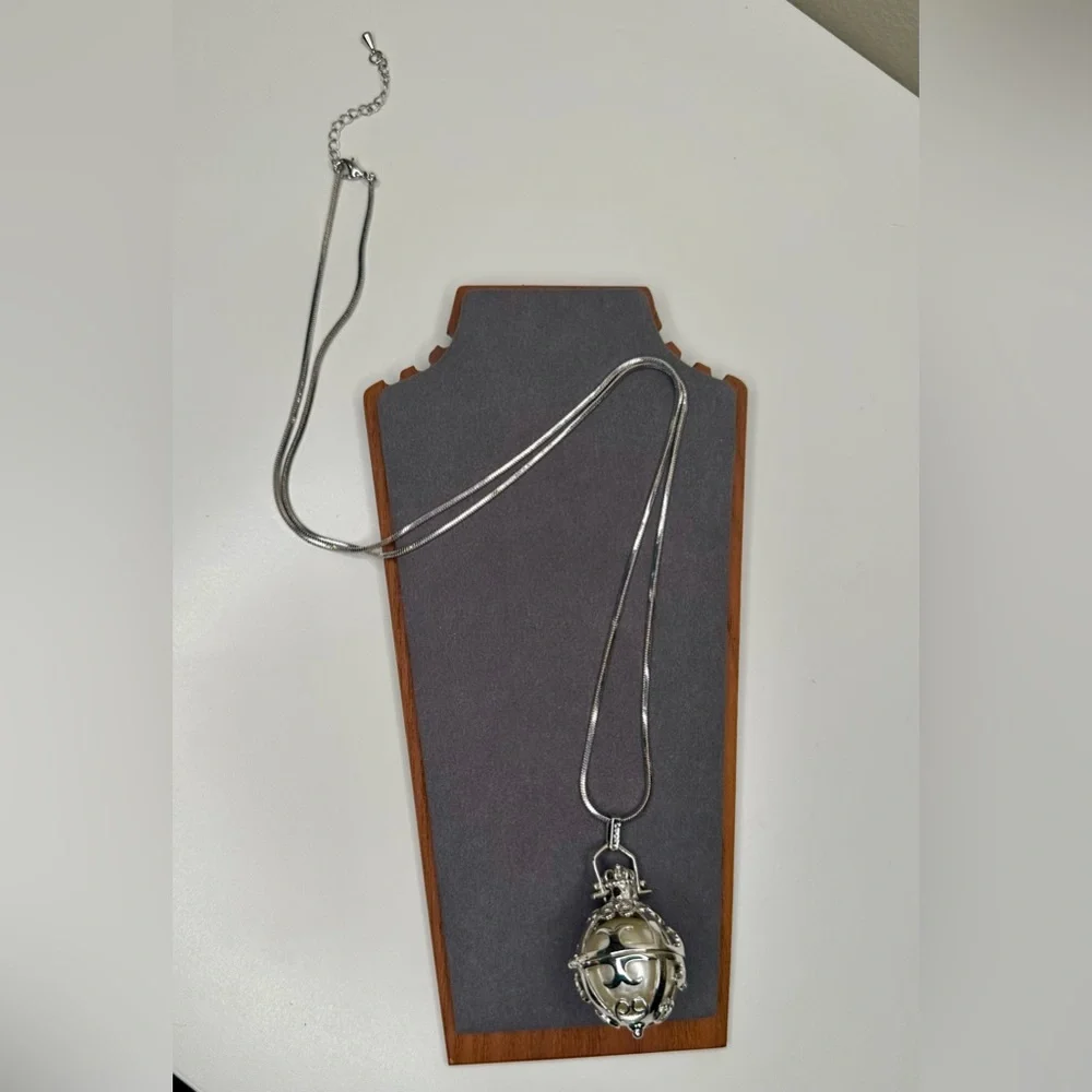 LUCKY Brand Locket Orb Pendant Necklace Silver Tone 34” Long Cage Pearl Ball - Picture 3 of 9
